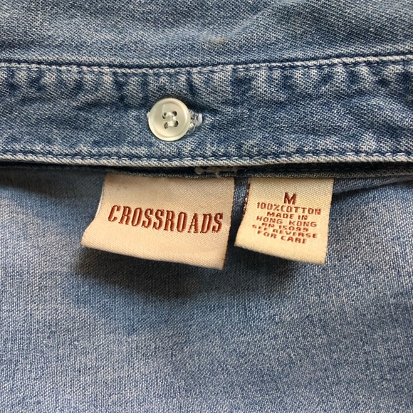 Boho Western Denim Button Up Shirt  Reversable Embroidered Flower Plaid Collar - Picture 8 of 8